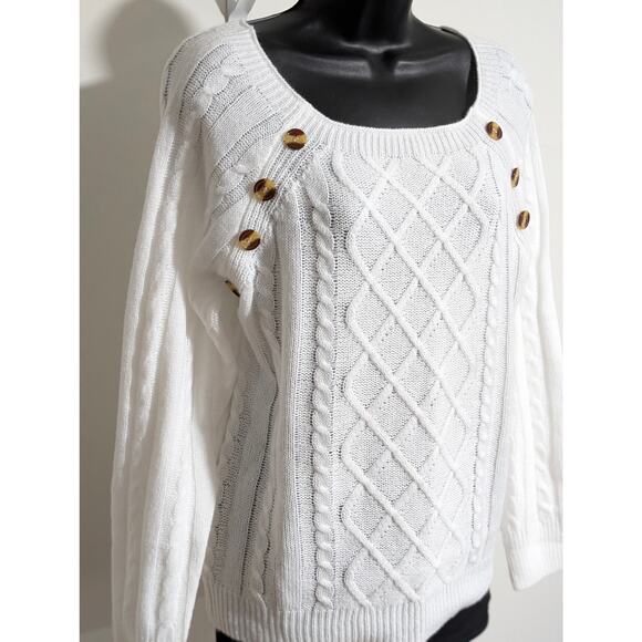 White Cable Knit Sweater with Button Detail Pullover Long Sleeve Size Medium - Picture 2 of 4